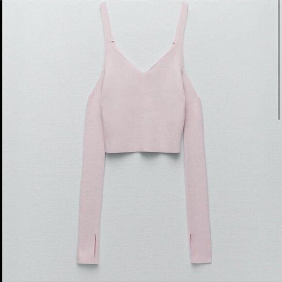 zara 6771/136/621 Solid Baby Pink Ribbed Long Sleeve Cold Shoulder Sweater Top - Picture 2 of 7